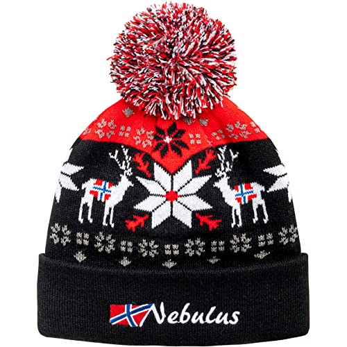 Nebulus Unisex Mütze Inverno, mit Norweger Muster, mit Bommel, schwarz-rot - OS