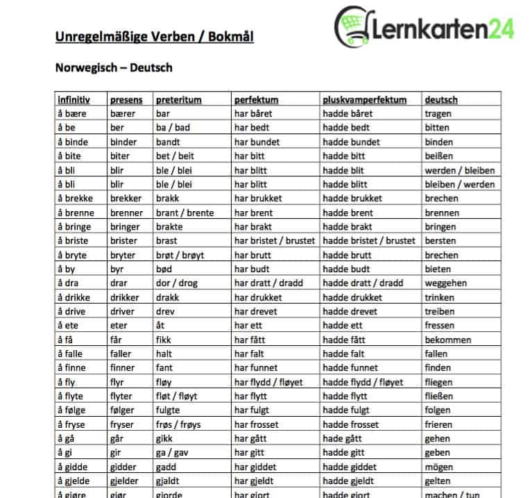 Norwegische Unregelm ige Verben Norwegisch Lernen