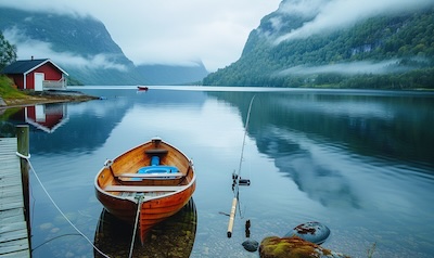 Kleines Boot am Steg eines Ferienhauses in Norwegen zum Angeln