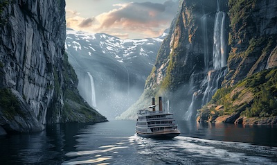 Die MS Lofoten in einem engen norwegischen Fjord