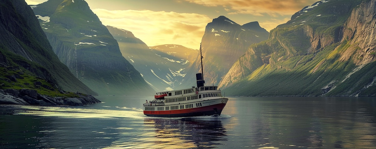 Die MS Lofoten der Hurtigruten vor der norwegischen Küste