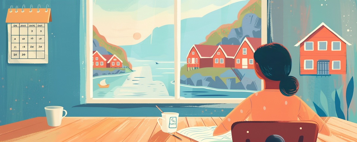 Illustration: Lernender mit Kalender und Notizbuch plant, wie lange es dauert, Norwegisch zu lernen