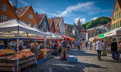 Stände mit frischen Meeresfrüchten auf dem Fischmarkt in Bergen