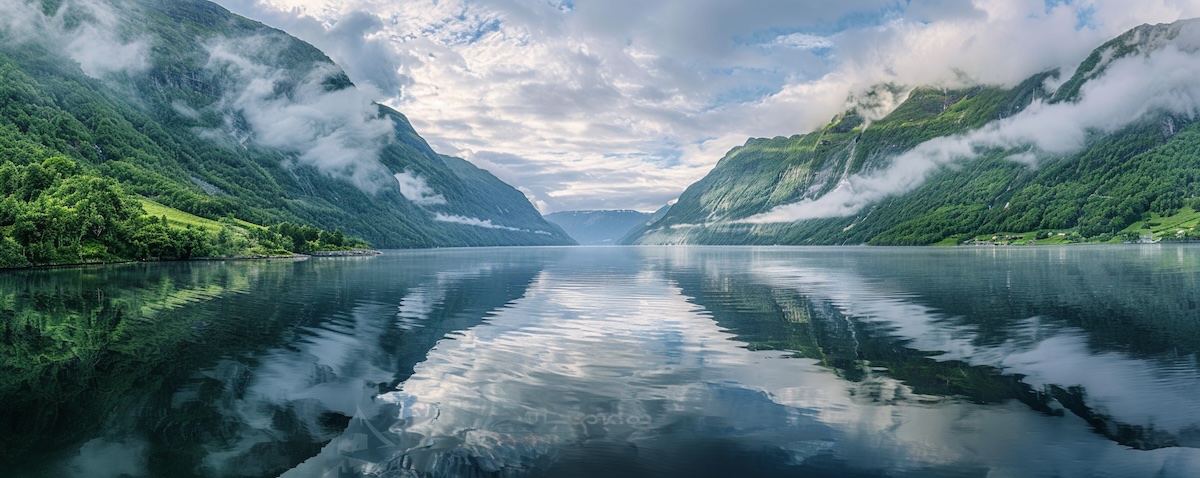 Blick über den Osterfjord in Norwegen mit steilen Bergen