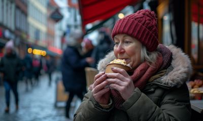 Frau in Norwegen isst norwegische Süßigkeiten