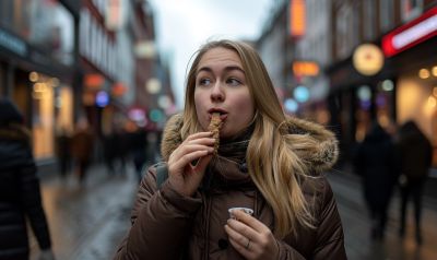 Frau in Oslo isst norwegische Schokolade