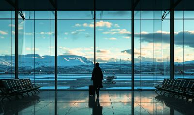 Per Flugzeug nach Norwegen gereist Terminal mit Bergen