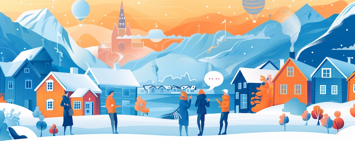 Illustration: Menschen aus Oslo, Bergen, Trondheim und Tromsø unterhalten sich entlang der norwegischen Küste, Thema norwegische Dialekte