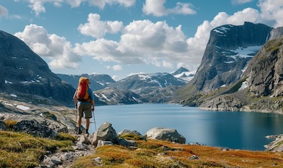 Wanderer auf dem Besseggengrat beim Bergwandern in Norwegen