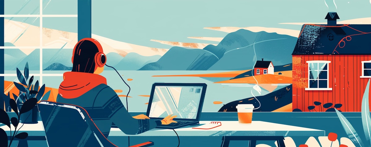 Illustration: Lernende bereitet sich mit Laptop und Kopfhörern auf die Norskprøve 2026 vor