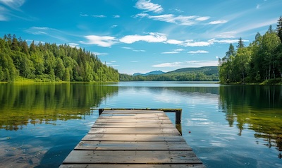 Idyllischer Badesee in Norwegen mit klarem Wasser, grünen Ufern und altem Holzsteg im Sommer