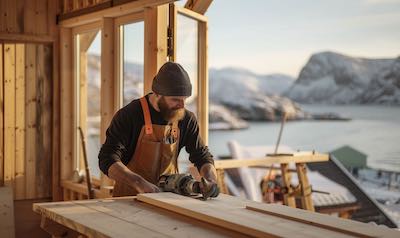 deutscher Handwerker in Norwegen sägt Holz