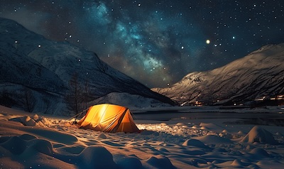 Zelt unter Nordlichtern in Norwegen im Winter