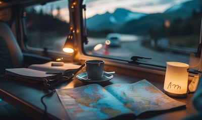 Wohnmobil-Innenraum bei der Reiseplanung in Norwegen