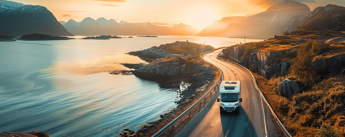 Wohnmobil auf einer Küstenstraße in Norwegen bei Sonnenaufgang