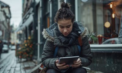 Studentin lernt am Tablet einen Norwegisch Fortgeschrittenen Kurs