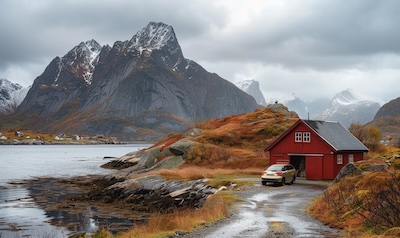 Mit dem Mietwagen auf den Lofoten: Küstenstraße mit rotem Fischerhaus und Bergpanorama