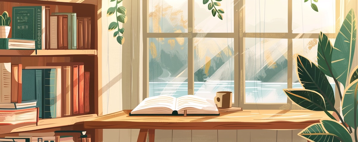 Aufgeschlagenes Norwegisch-Lehrbuch auf Holztisch mit Blick auf einen norwegischen Fjord