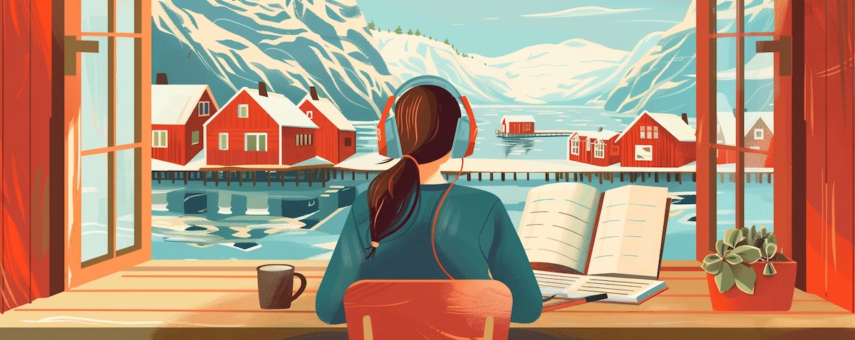 Illustration: Deutsche Lernende übt Norwegisch mit Notizbuch vor einer Fjordlandschaft