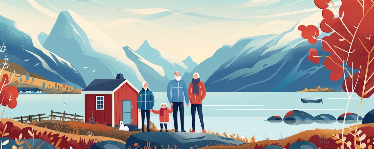 Familie auf Norwegisch: Großeltern, Eltern und Kinder vor einem roten Holzhaus am Fjord