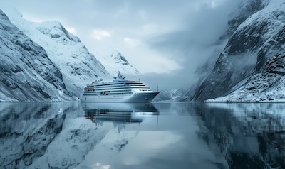 Kreuzfahrtschiff vor arktischer Bergkulisse in Nordnorwegen