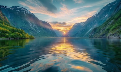 Schmaler Naeroyfjord im Morgenlicht
