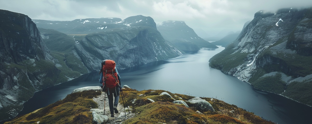 Packliste Norwegen fürs Backpacking: Wanderer mit Rucksack am Fjord