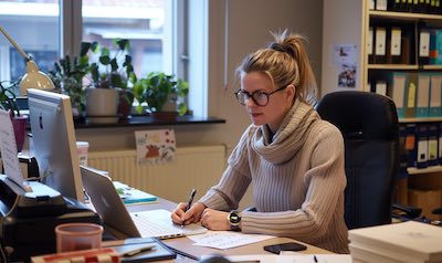 Frau in einem Büro nutzt norwegische FLosklen und Wörter für das Büro