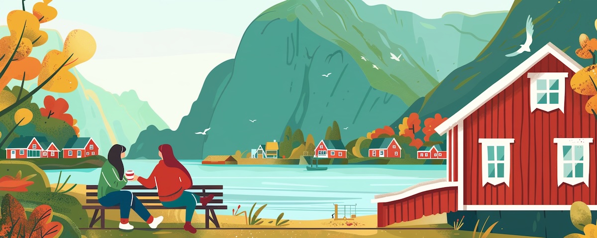 Small Talk auf Norwegisch: zwei Menschen unterhalten sich bei einem Kaffee vor einem roten Holzhaus am Fjord