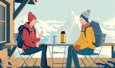 Small Talk auf Norwegisch mit einfachen Fragen: zwei Wanderer unterhalten sich auf der Terrasse einer Berghütte