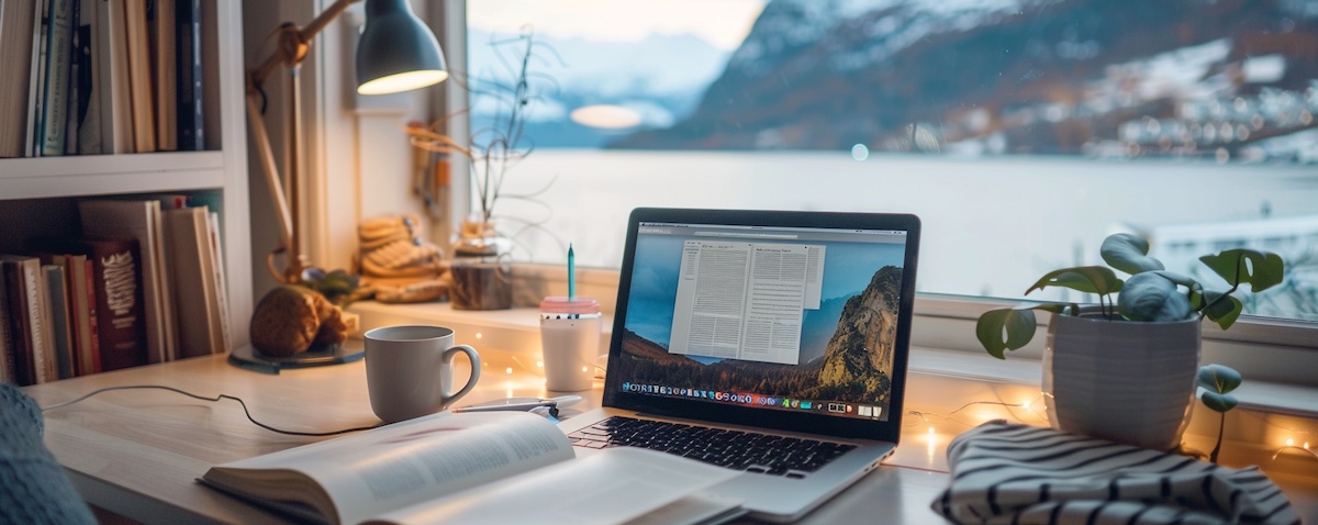 Kostenlos Norwegisch lernen am Schreibtisch mit Lehrbuch, Laptop und Blick auf einen Fjord