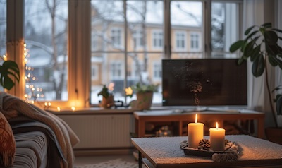 Norwegisches Wohnzimmer im Winter beim Schauen norwegischer Weihnachtsfilme