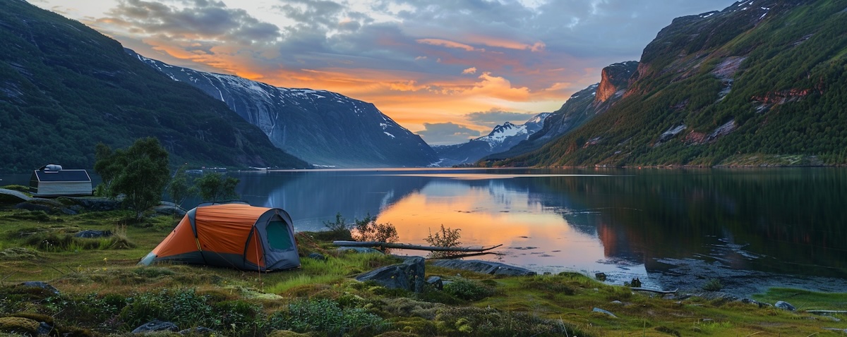 Camping in Norwegen mit Zelt und Wohnmobil am Fjord