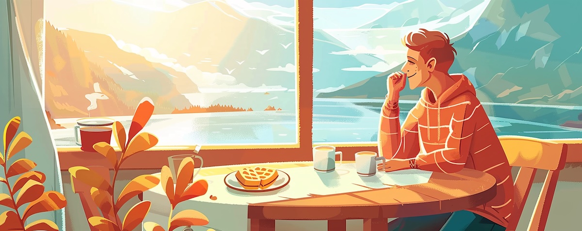 Gäste bedanken sich nach dem Essen am norwegischen Holztisch mit Takk for maten