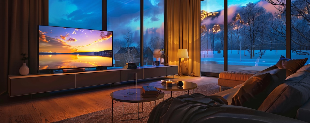 Norwegische Serien schauen im skandinavischen Wohnzimmer am Abend