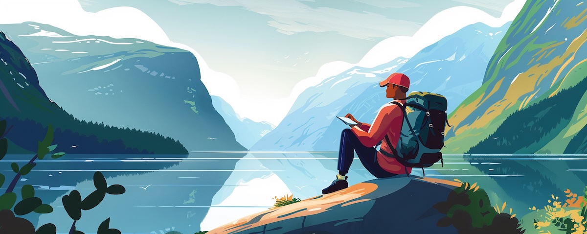 Norwegisch für den Urlaub lernen: Reisender mit Sprachlernbuch am norwegischen Fjord