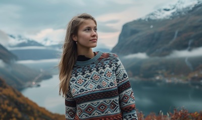 Frau trägt einen klassischen norwegischen Wollpullover vor einer Fjordlandschaft – das typische Mitbringsel aus Norwegen