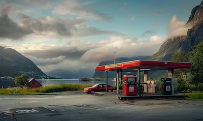 Preistafel mit Diesel- und Benzinpreisen an einer norwegischen Tankstelle