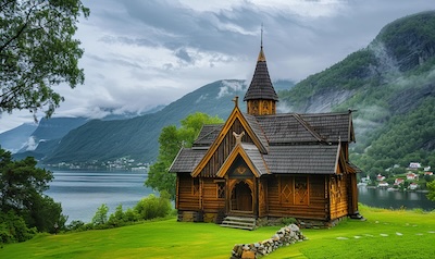 Die Stabkirche Urnes über dem Lustrafjord, eine der ältesten Stabkirchen Norwegens