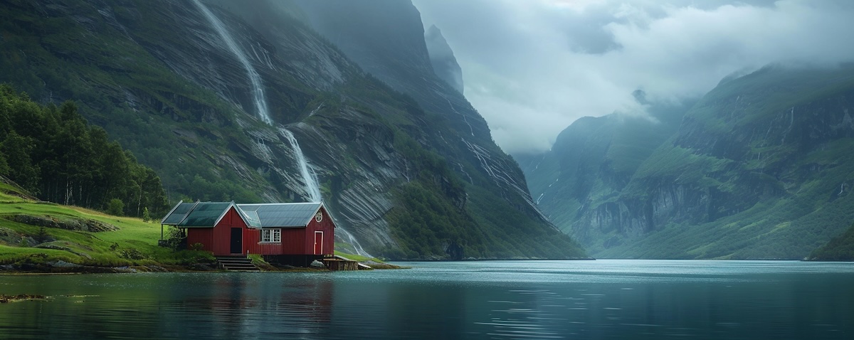 Wetter in Norwegen im Juli – Fjord mit Sonne und Regenwolken im Sommer