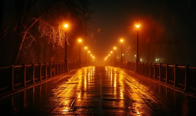 Nebelverhangene Brücke bei Nacht als typisches Nordic-Noir-Motiv