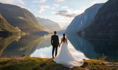 brautpaar am fjord norwegen hochzeit