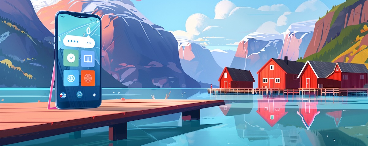 Smartphone mit Sprachlern-App vor norwegischem Fjord-Panorama