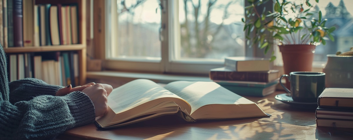 Norwegisch Lehrbücher im Vergleich, offenes Buch am Schreibtisch zum Norwegisch lernen