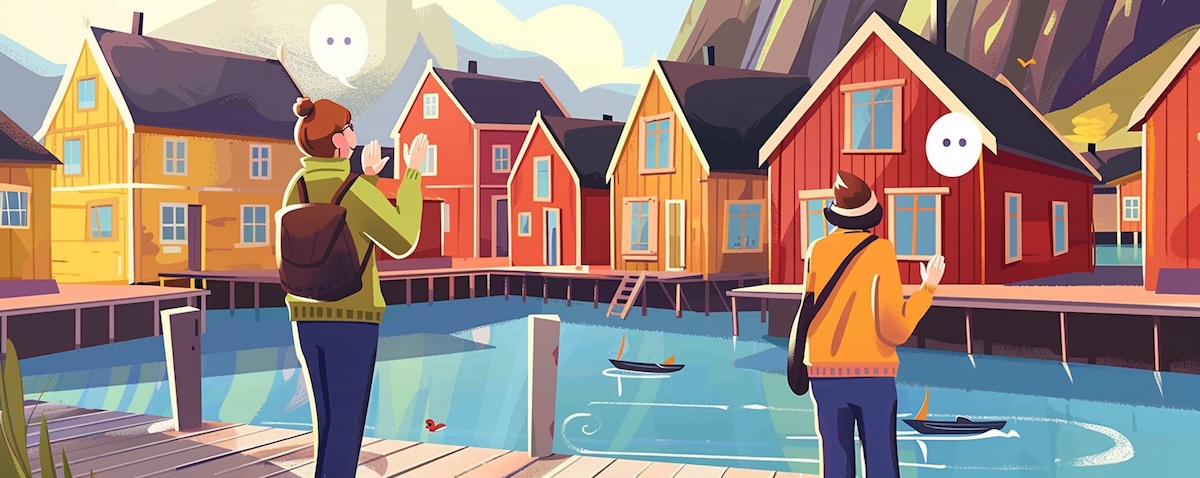 Comic-Illustration: Eine Norwegerin grüßt einen Touristen am Fjordhafen mit einem freundlichen Hei