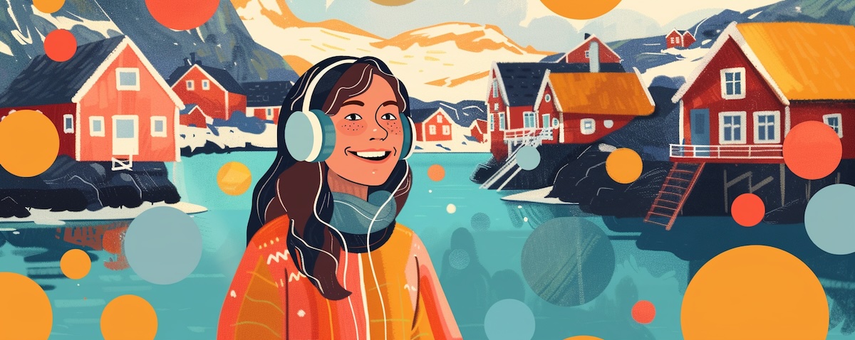 Norwegisch Aussprache: Illustration mit Sprechblasen, æ ø å und norwegischem Fjord