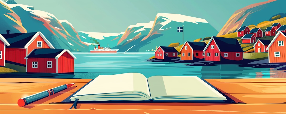 Norwegische Sprache: Illustration mit Notizbuch, Fjord und roten Holzhäusern