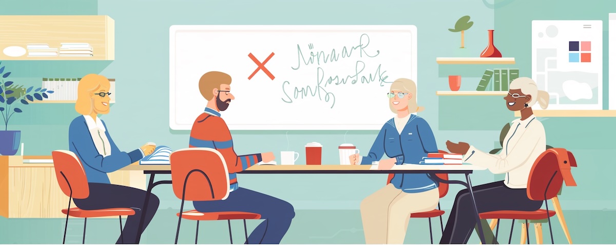 Sprachkurs Norwegisch: Erwachsene lernen gemeinsam im Kursraum einer Sprachschule