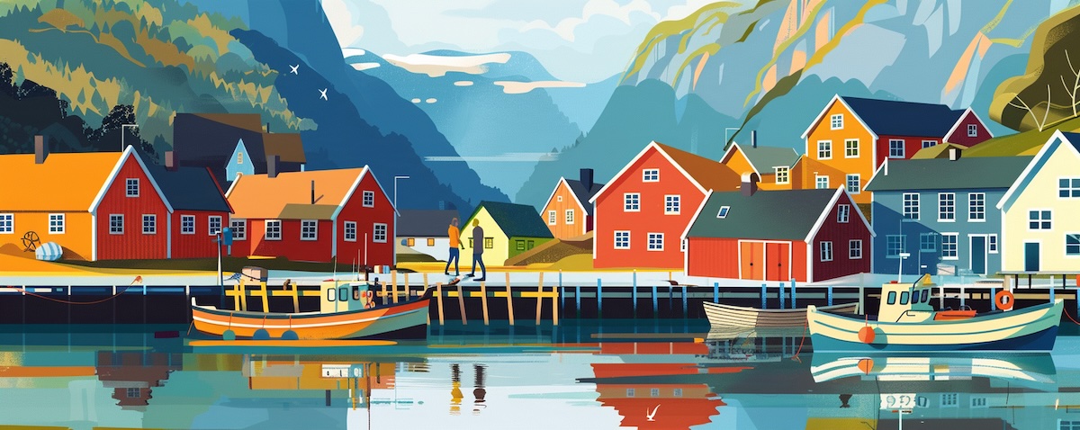 Illustration: Reisende und Einheimische unterhalten sich an einem norwegischen Hafen, Thema welche Sprache spricht man in Norwegen