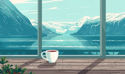 Postkarte mit lieben Grüßen auf Norwegisch auf einem Holztisch mit Kaffeetasse und Fjordblick